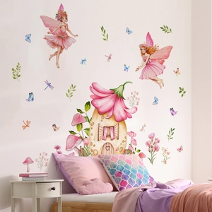 Stickers muraux fée rose et maison fleurie pour décoration de chambre d'enfant