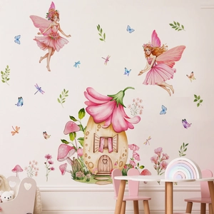 Stickers muraux maison de fée rose pour décoration de chambre d'enfant et nursery