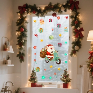Detail of Santa Claus on scooter window sticker with stars and gifts for Christmas decor