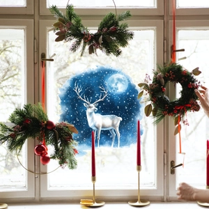 Stickers de Noël pour fenêtre avec cerf blanc sous la pleine lune et décor de neige