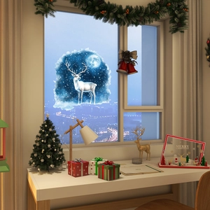 Vue détaillée d'un autocollant de Noël pour fenêtre avec un renne sous la lune