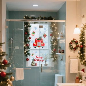 Detail of happy holidays window decal with red truck and snowflakes for festive decor