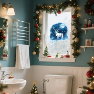 Détail du sticker de Noël double face avec un renne sous la pleine lune et ciel étoilé