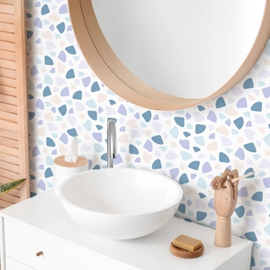 Detailed view of terrazzo style waterproof wall stickers in a modern bathroom setting