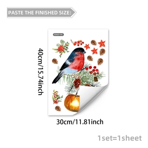 Detail of Christmas window stickers featuring bullfinch, pine cones and lantern, 30x40cm size