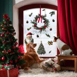 Cozy window view of Christmas gnome decals with festive dogs and holiday tree scene