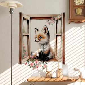 3D Creative Fake Window Wall Sticker Fox Sitting On Wood Frame Pink Floral Waterproof Removable PVC Wall Decal Home Decor