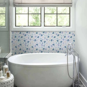 Detail of blue terrazzo waterproof wall sticker with geometric patterns for bathroom decor