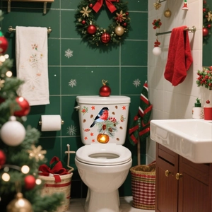 Detail of Christmas toilet sticker with robin bird on pine branch and glowing lantern decor