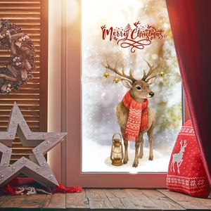 Stickers de Noël pour fenêtres avec renne, lanterne et texte Merry Christmas pour la maison