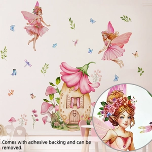 Détail d'autocollant mural fée rose avec support adhésif et motifs de fleurs