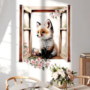 3D realistic fox and pink flowers faux window wall sticker for home decoration