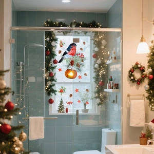 Detailed Christmas window sticker showing a bullfinch on pine branches with warm lanterns