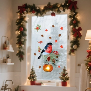 Detailed view of hand-painted bullfinch and festive lantern Christmas window stickers