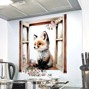 3D realistic fox with cherry blossoms faux window wall sticker for home decor