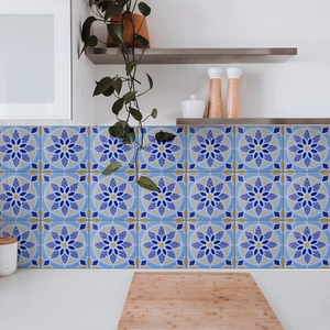 Blue and white mandala pattern kitchen wall stickers on a marble countertop background