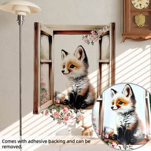 Detail of fox in open window wall sticker with floral accents and adhesive backing