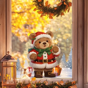Détail d'autocollant de Noël montrant un ours mignon en costume de Père Noël et étoile magique