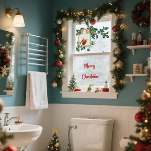 Detail of Christmas window sticker with red birds and holly on bathroom glass