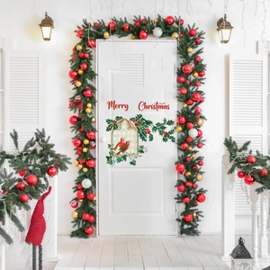 Detailed Christmas door decal featuring Merry Christmas text and winter robin illustration