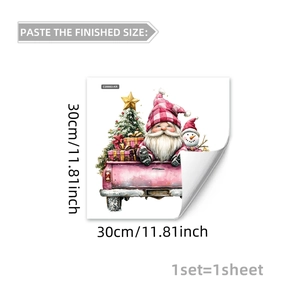 Détails de l'autocollant de fenêtre Noël 30x30cm avec gnomes mignons et camion rose