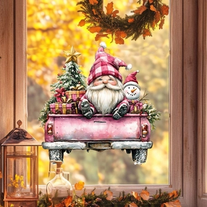 Détail d'autocollant de Noël pour fenêtre avec camion rose, gnomes et cadeaux festifs