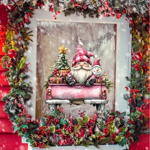 Détail d'un sticker de fenêtre de gnome de Noël rose sur fond de couronne de fête