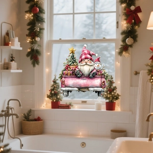 Autocollant de Noël double face avec gnome, camion rose et bonhomme de neige aquarelle