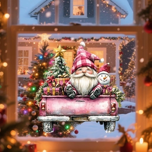 Sticker de Noël pour fenêtre avec gnome, camion rose et bonhomme de neige sur décor d'hiver