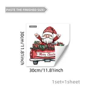 Détails du sticker de Noël gnome sur camion rouge avec dimensions de 30x30cm