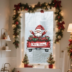 Sticker de fenêtre avec gnome, pick-up rouge et bannière Merry Christmas