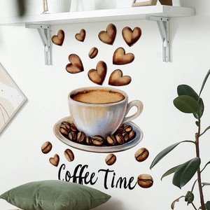 Detail showing Coffee Time wall stickers with coffee cup and hearts in a kitchen setting