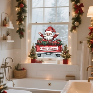 Détail d'autocollants de Noël double face avec un gnome dans un camion rouge