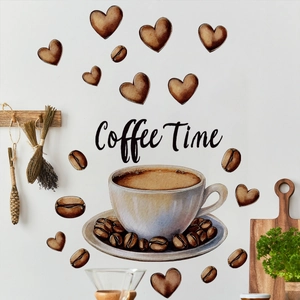 Detail of coffee cup and beans wall decal with Coffee Time text and watercolor hearts