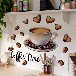 Kitchen wall decal featuring watercolor coffee cup and Coffee Time artistic calligraphy