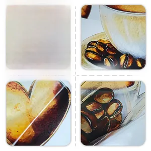 Macro detail showing front and back of semi-transparent coffee cup and bean wall decals