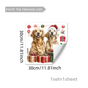 Vue détaillée des autocollants de Noël pour fenêtres avec Golden Retriever et cadeaux