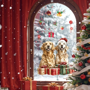 Stickers de fenêtre de Noël détaillés avec des golden retrievers en décor de fête hivernal