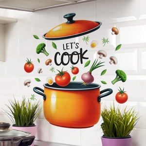 Creative kitchen wall sticker with LET'S COOK text, vegetables, and orange cooking pot