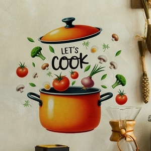 Kitchen wall decal featuring a yellow cooking pot, vegetables, and Let's Cook text