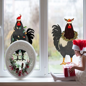 Autocollants de fenêtre de coq de Noël avec chapeaux de fête sur verre avec une fille