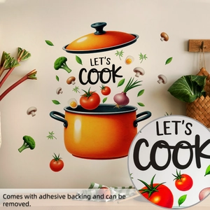 Detail of Let's Cook wall sticker with colorful pot and flying vegetables for kitchen decor
