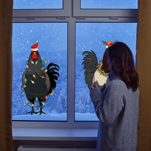 Autocollants de fenêtre de Noël détaillés avec motifs de coqs festifs sur du verre