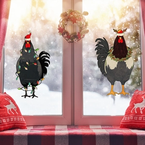 Stickers de Noël pour fenêtres avec coqs festifs et chapeaux sur fond de neige