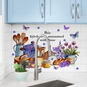 Creative kitchen wall decals with lavender, butterflies, and love seasoning text