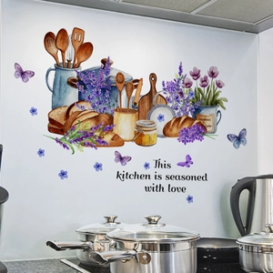 Watercolor kitchen wall stickers with teapot and text 'This kitchen is seasoned with love'