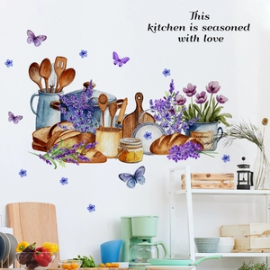 Kitchen wall decals featuring watercolor pots, bread, and lavender for home decor
