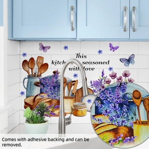 Detailed close-up of lavender kitchen wall sticker with adhesive backing and lettering