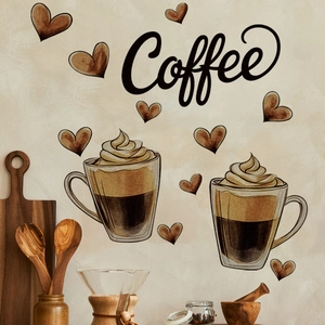 Kitchen wall stickers featuring coffee cups, hearts and artistic coffee lettering decor