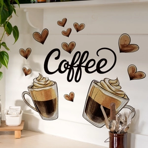 Coffee cup wall decal with watercolor hearts and lettering for kitchen wall decor